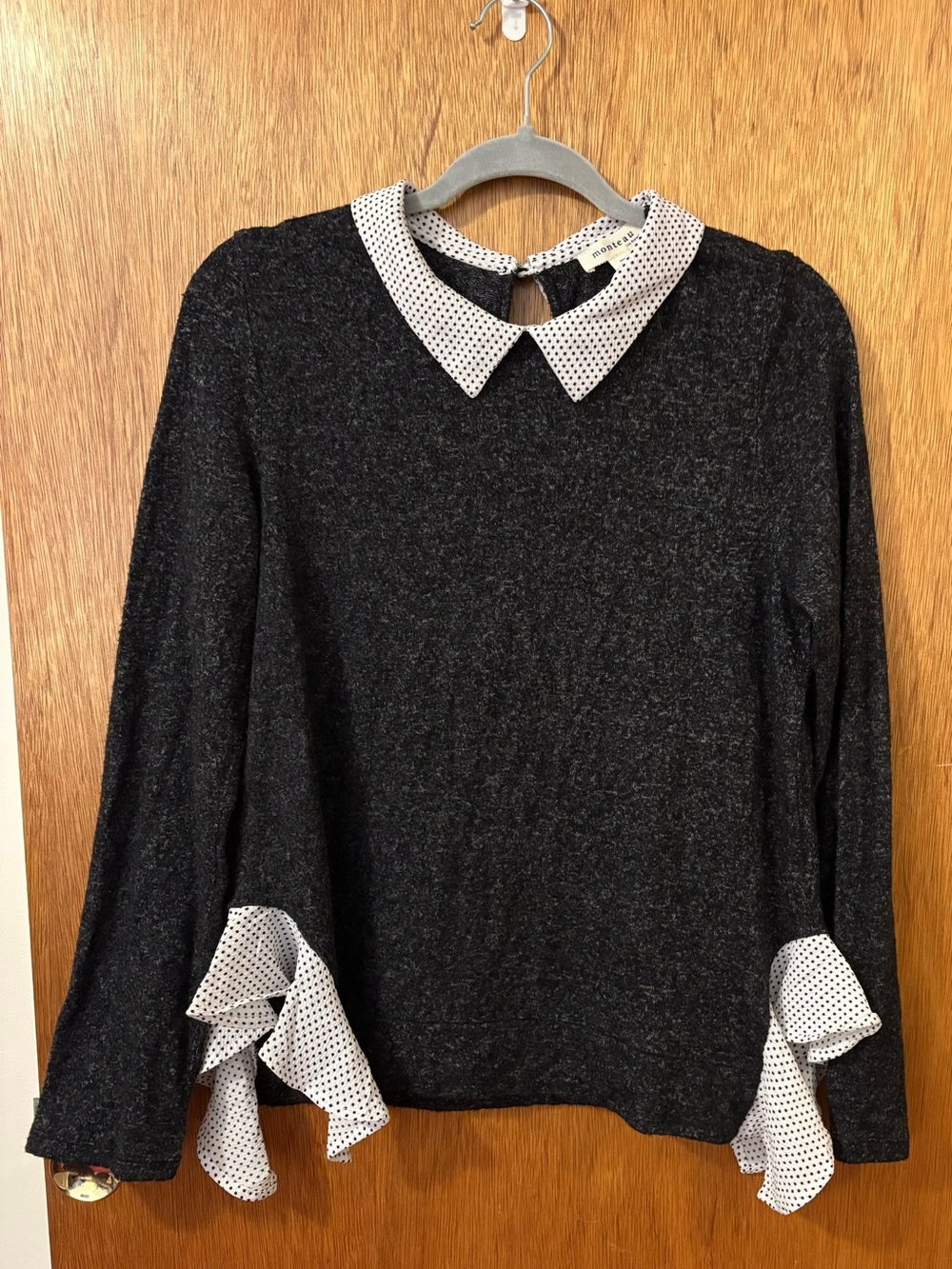 Monteau Los Angeles Dark Gray Collared Sweater Polka Dot and Ruffle Accents NWOT